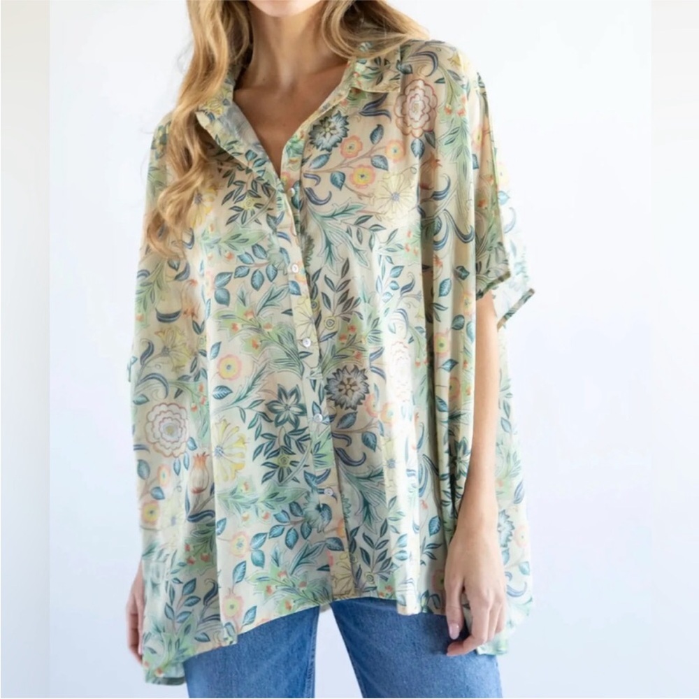 Natural Life Kelly Cotton Floral Boxy Short Sleeve Button Front Oversized Top